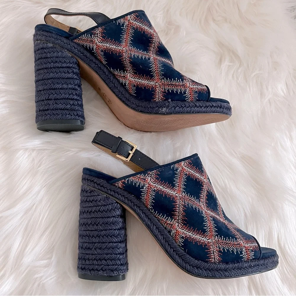 NEW Tory Burch Trinity Embroidered Navy Espadrille Heeled Slingback Sandal